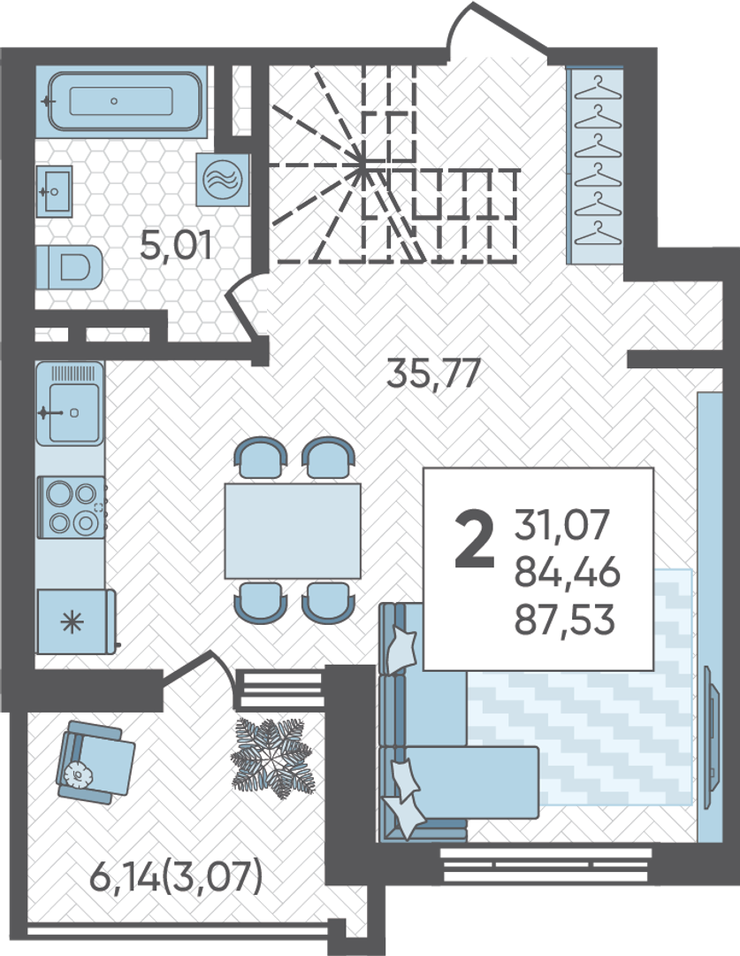 Планировка 2-комнатная 87,53 м²