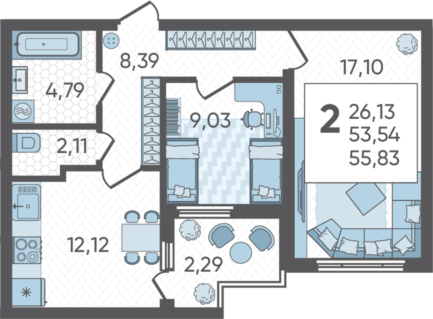 Планировка: 2-комн. квартира 55,8 м²