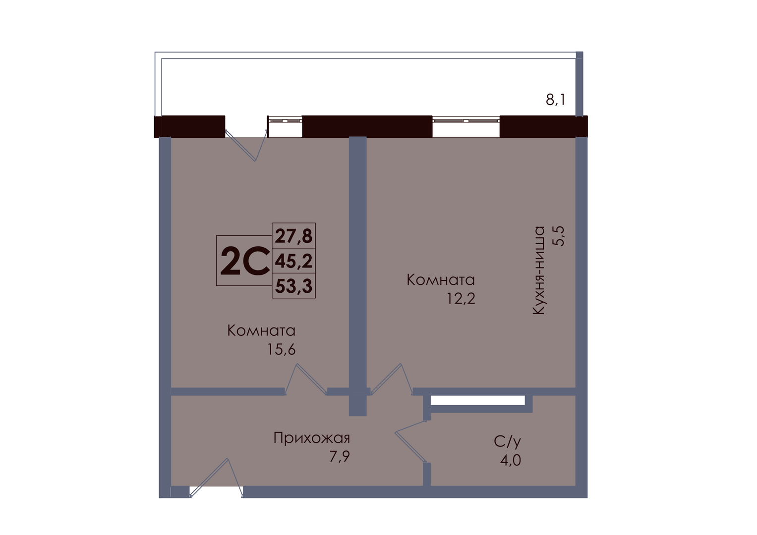 Планировка 2-комнатная 47,63 м²