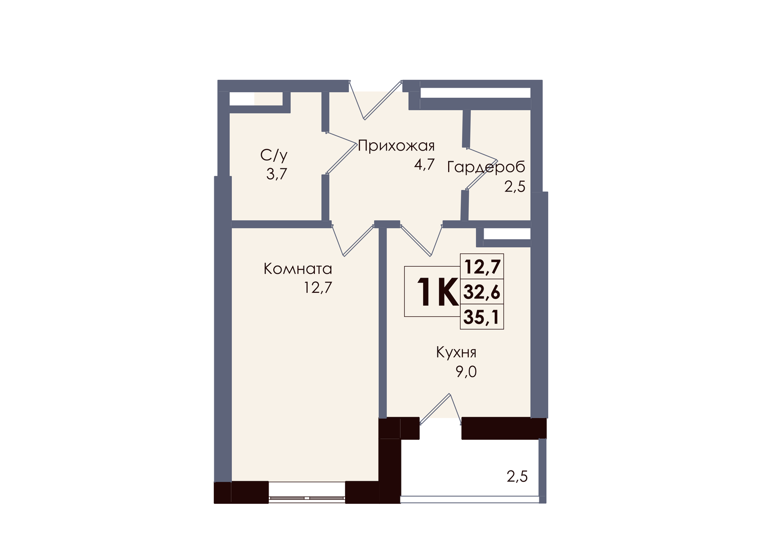 Планировка 1-комнатная 33,85 м²