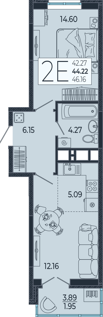 Планировка 1-комнатная 44,2 м²