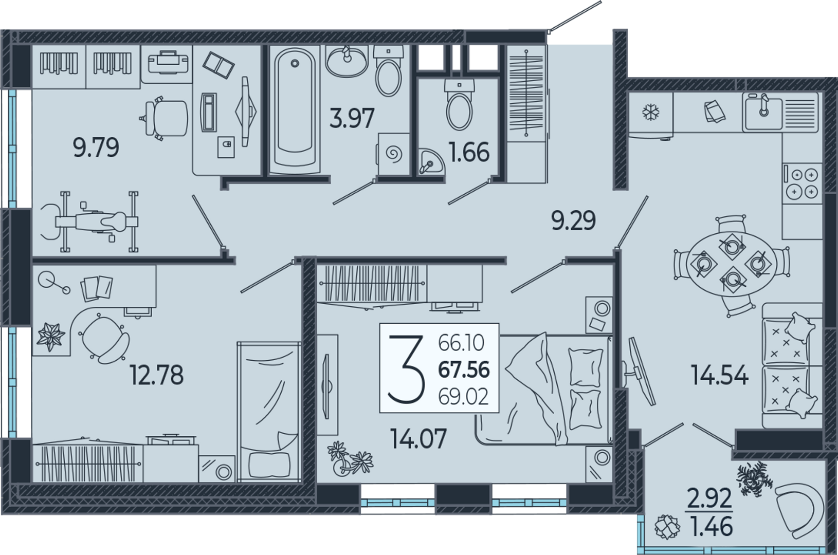 Планировка 3-комнатная 68,2 м²