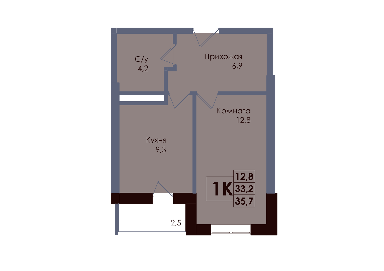 Планировка 1-комнатная 34,45 м²