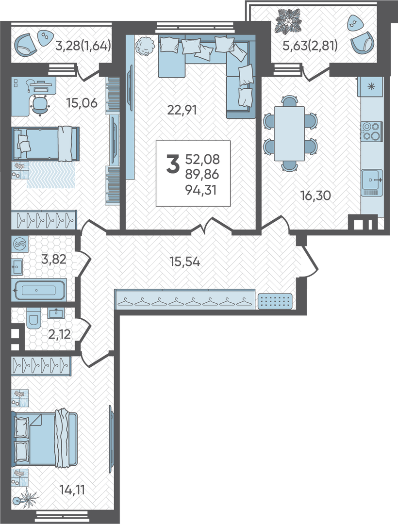 Планировка 3-комнатная 94,31 м²
