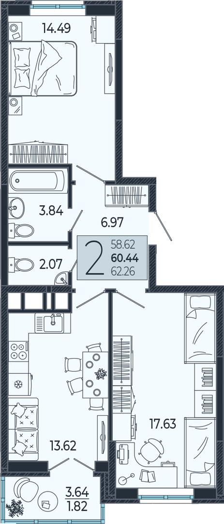 Планировка 2-комнатная 60,6 м²