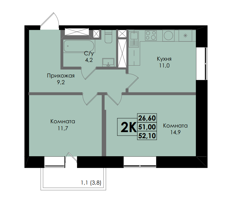Планировка 2-комнатная 52,1 м²