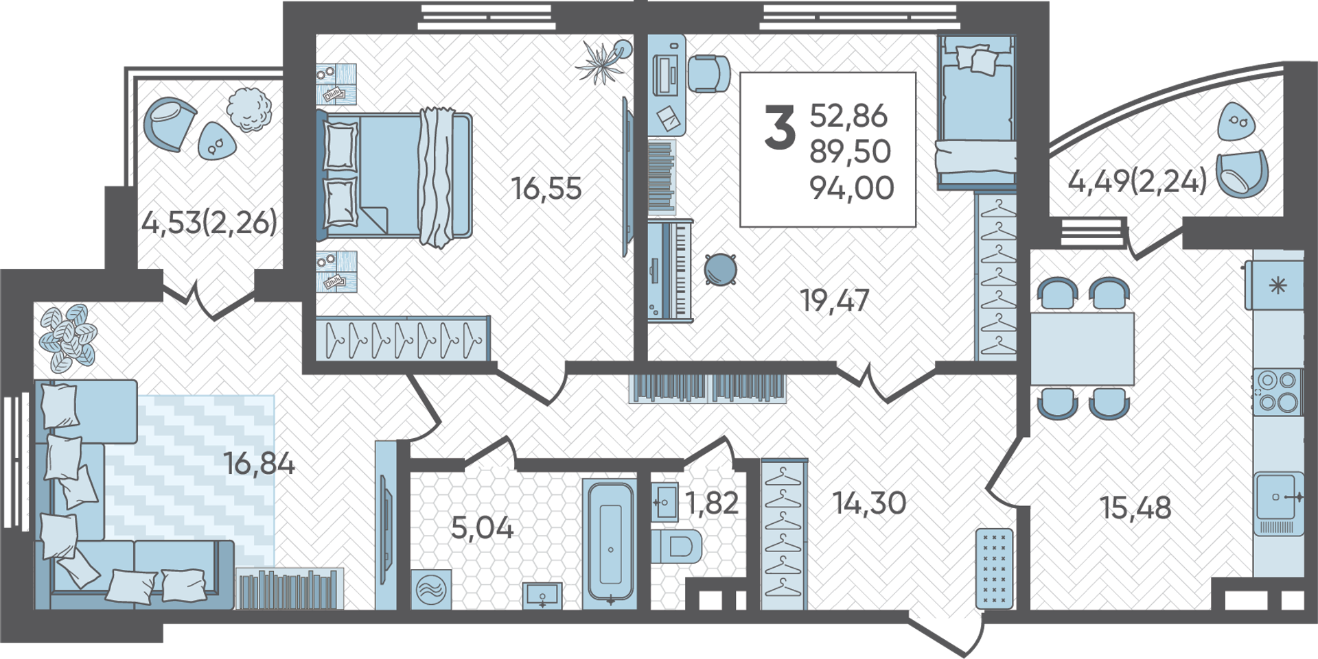 Планировка: 3-комн. квартира 94 м²