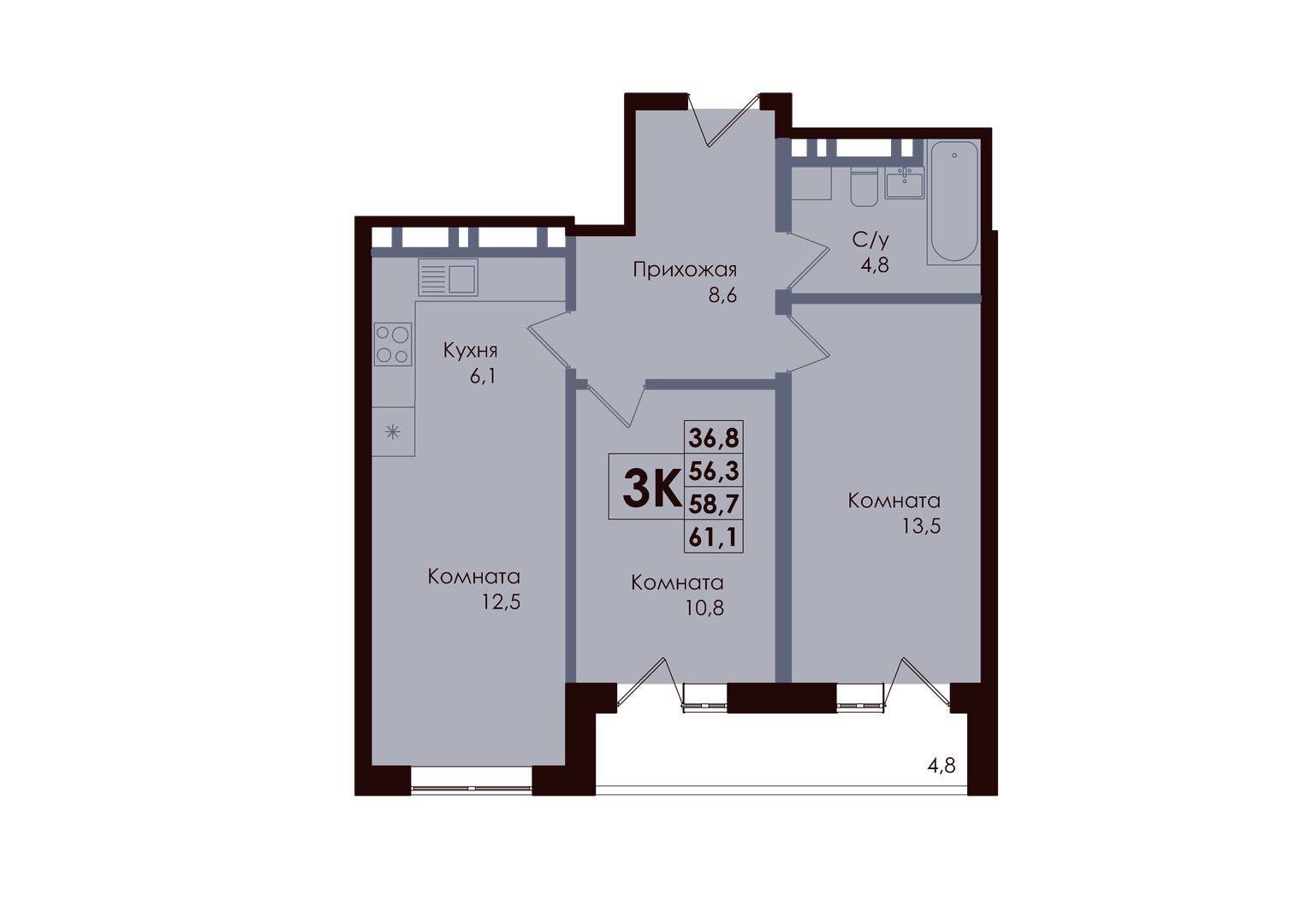 Планировка 3-комнатная 58,7 м²