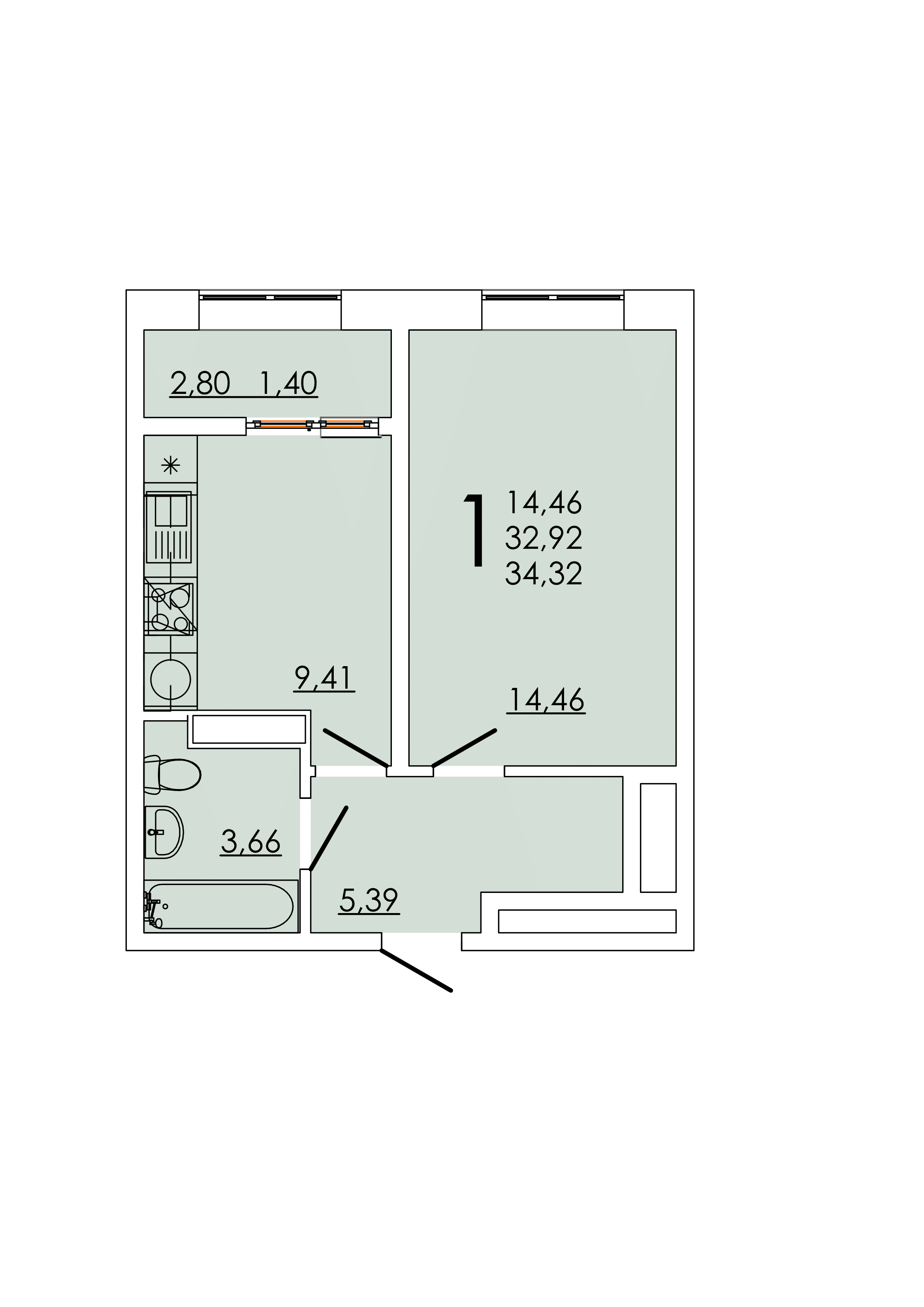 Планировка 1-комнатная 34,32 м²