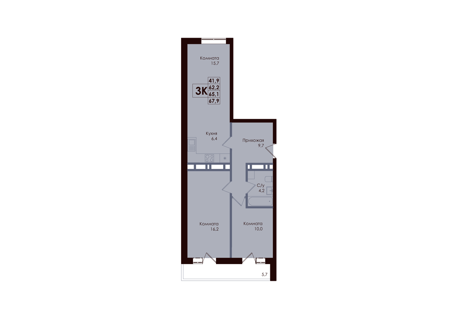 Планировка 3-комнатная 65,1 м²