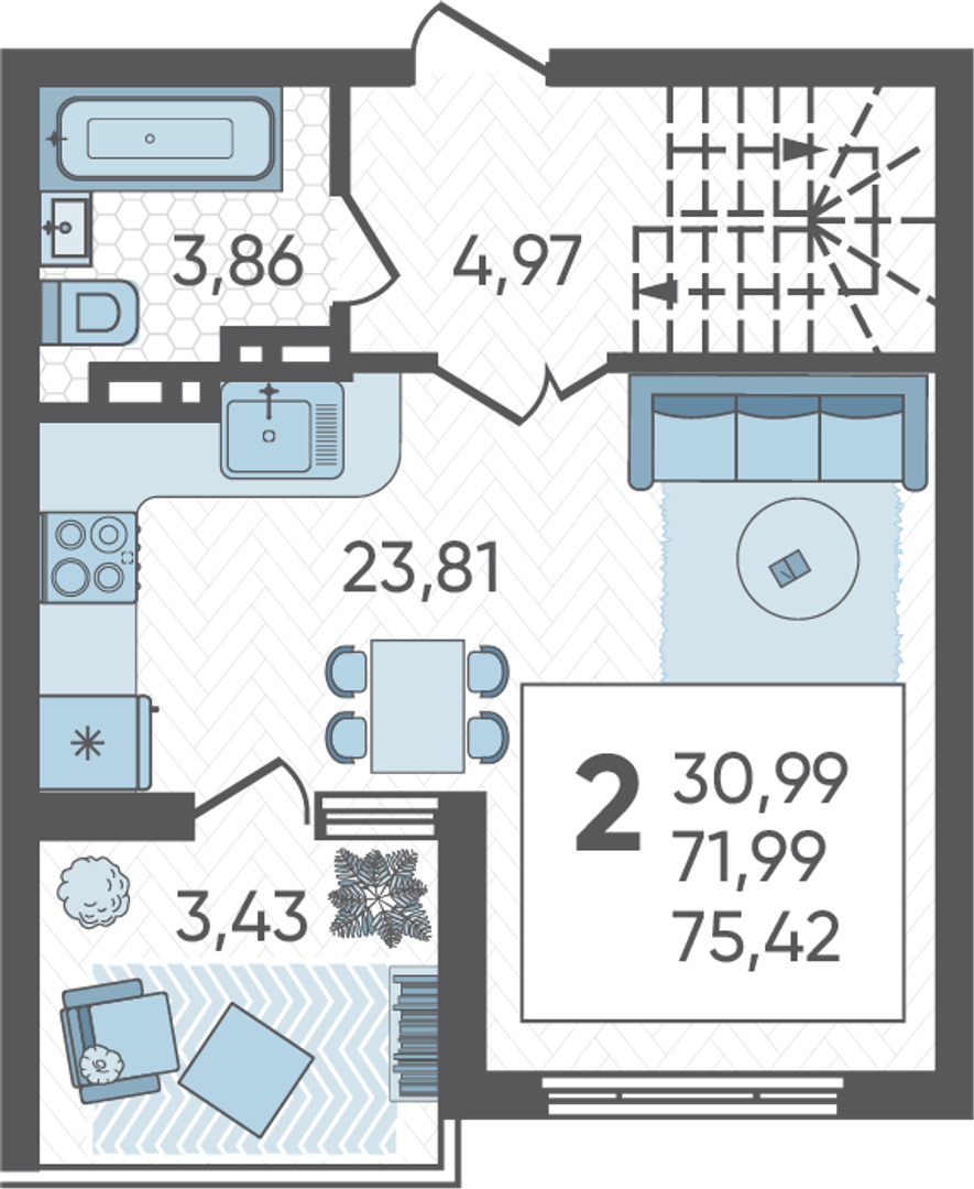 Планировка: 2-комн. квартира 75,4 м²