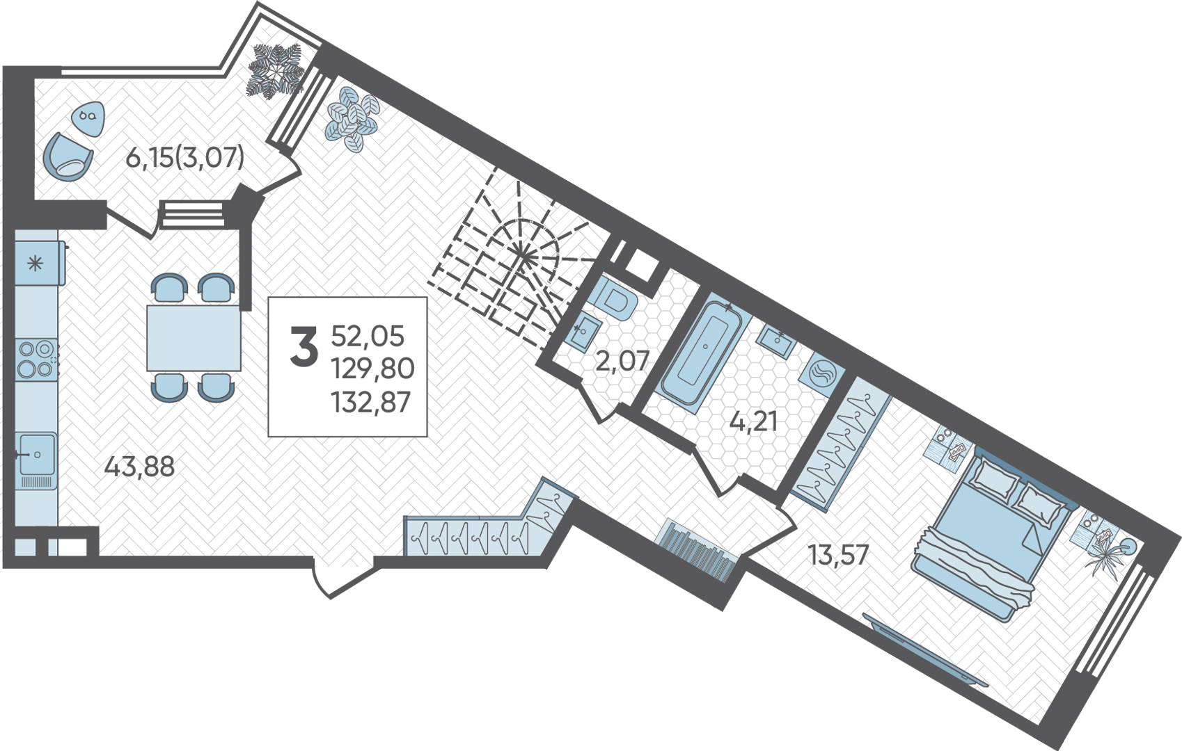Планировка: 3-комн. квартира 132,9 м²