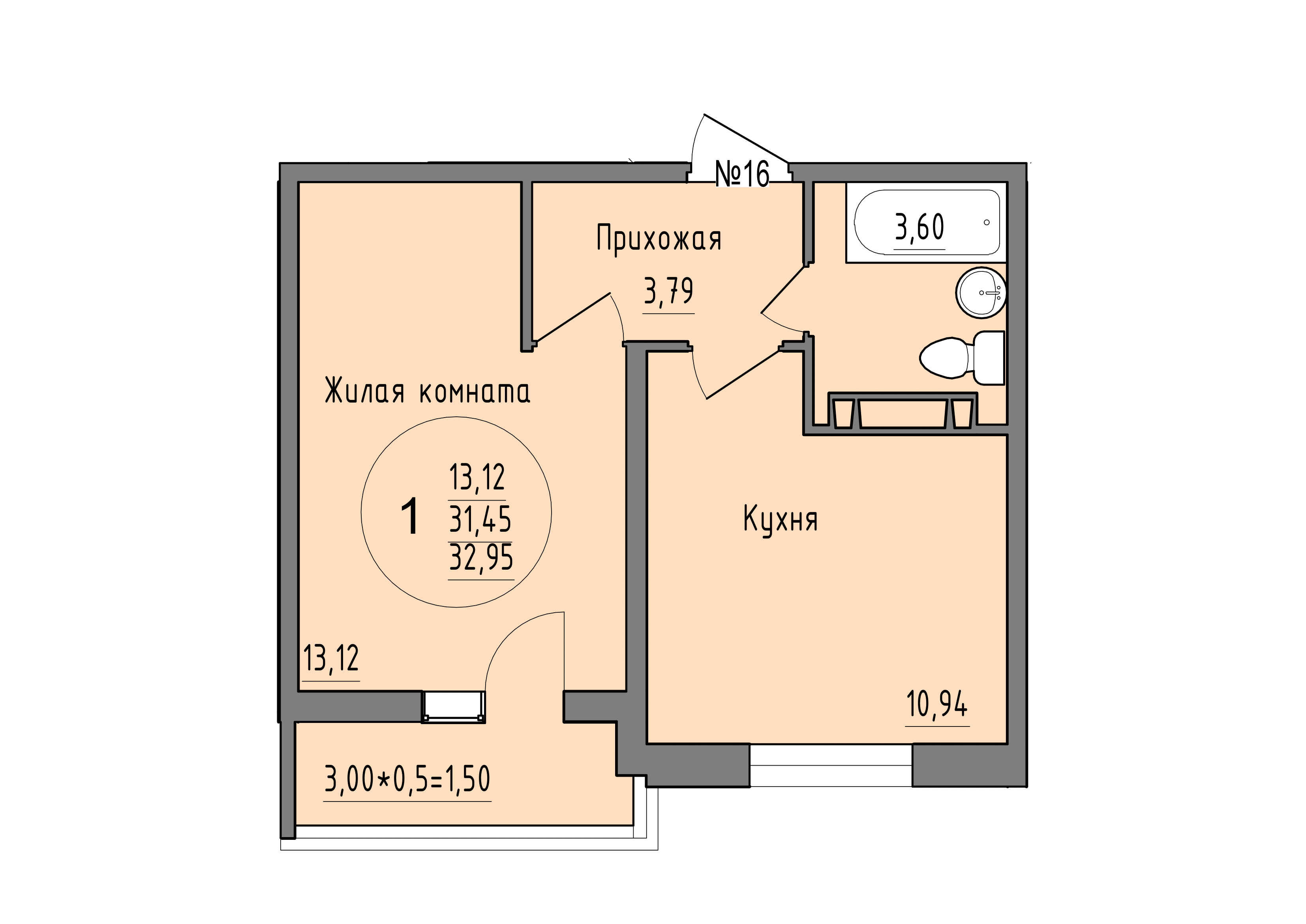 Планировка 1-комнатная 32,95 м²