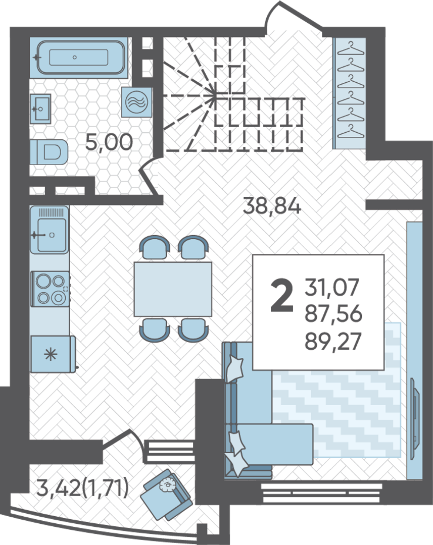 Планировка 2-комнатная 89,27 м²