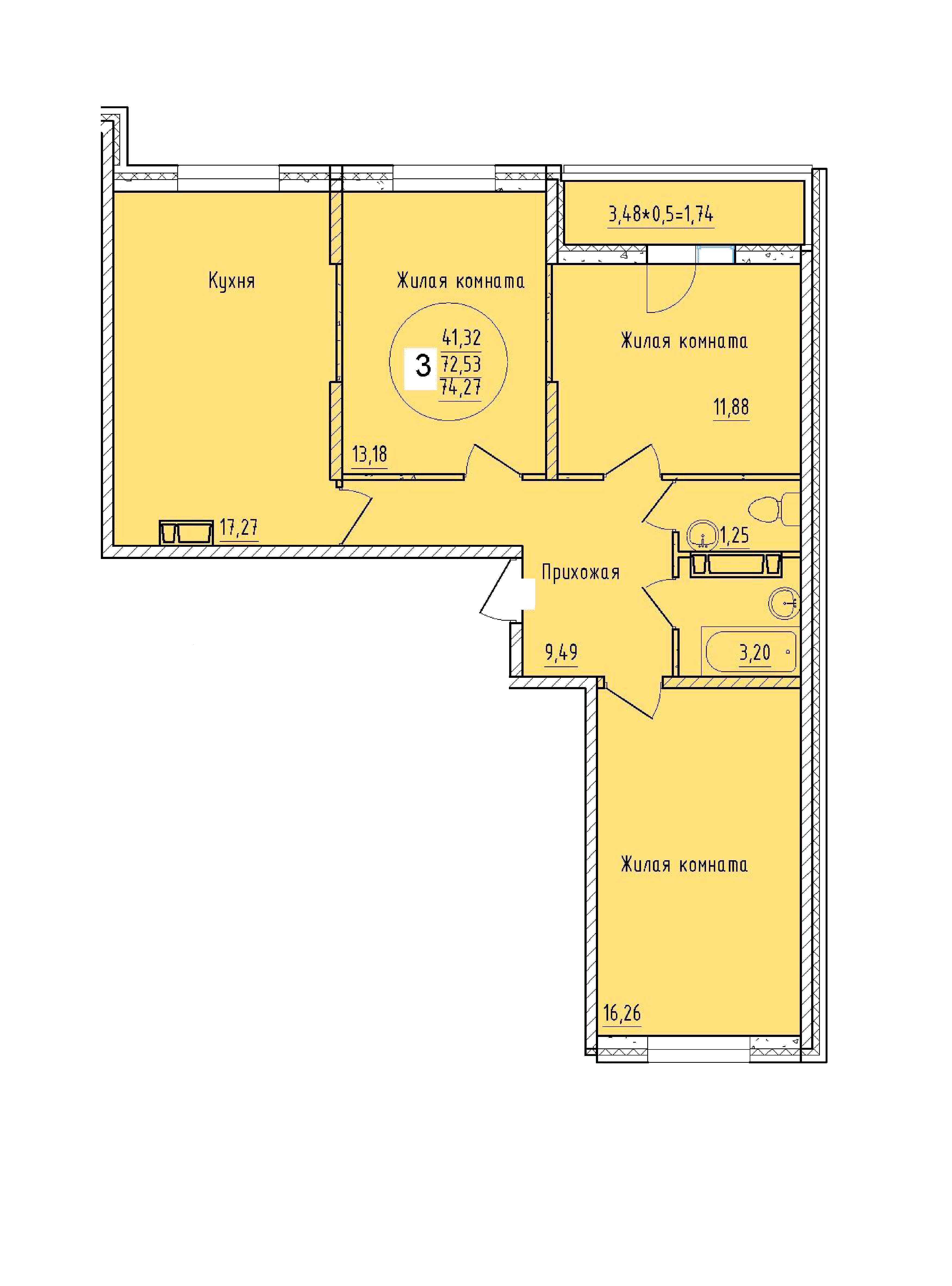Планировка 3-комнатная 79,1 м²