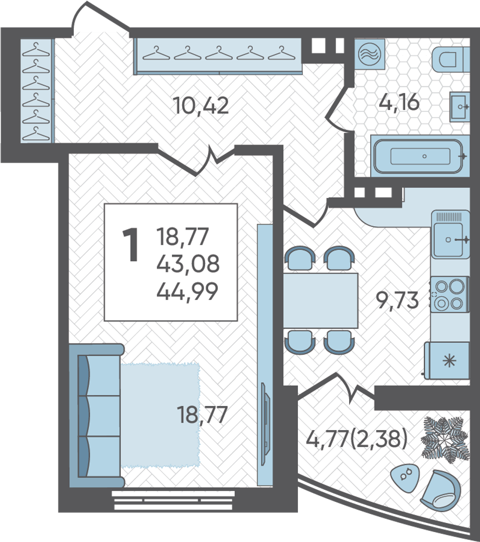 Планировка: 1-комн. квартира 45,5 м²