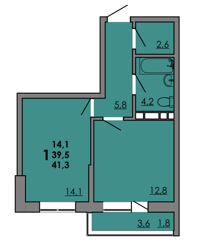 Планировка 1-комнатная 40,9 м²