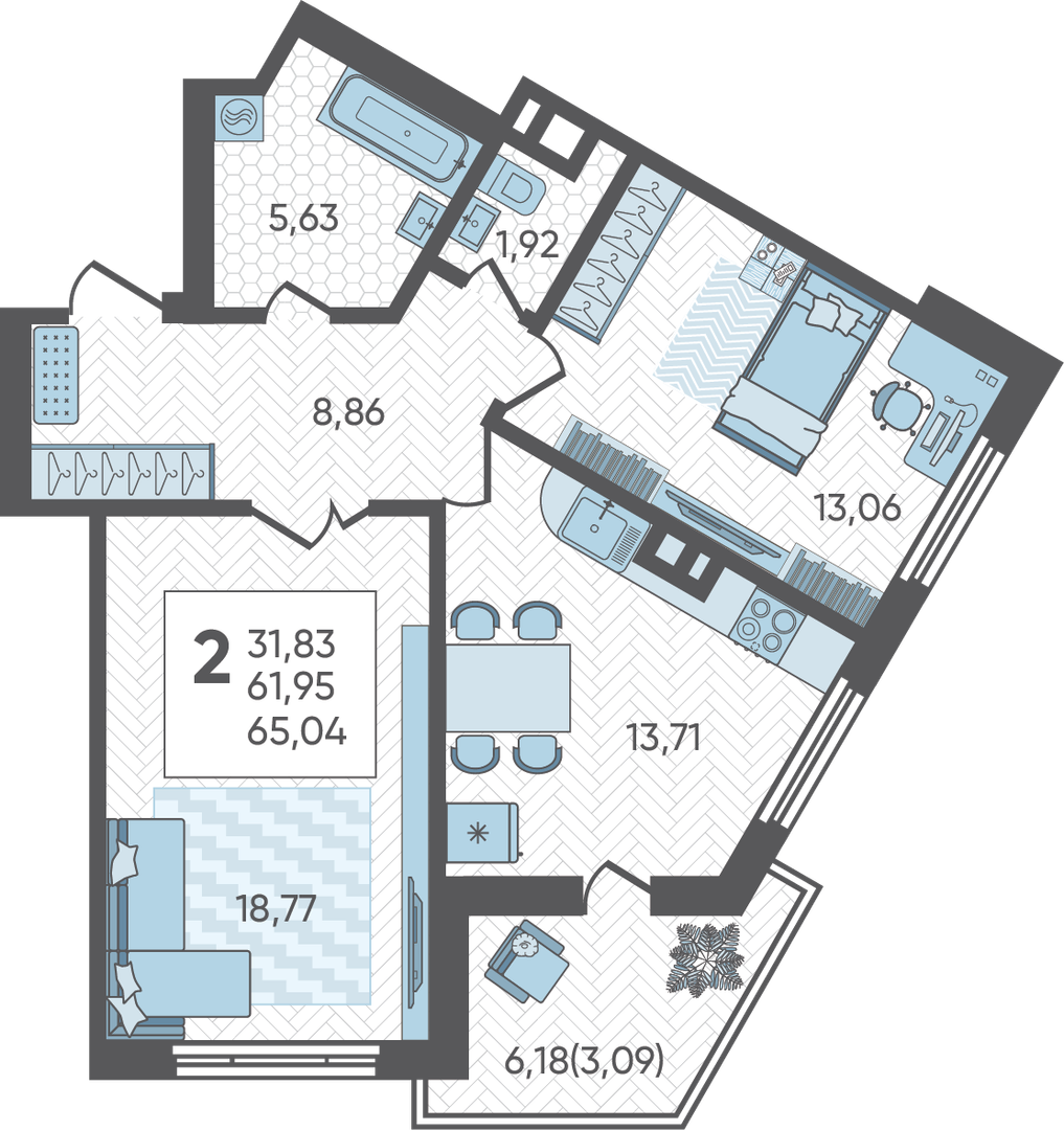 Планировка: 2-комн. квартира 65 м²