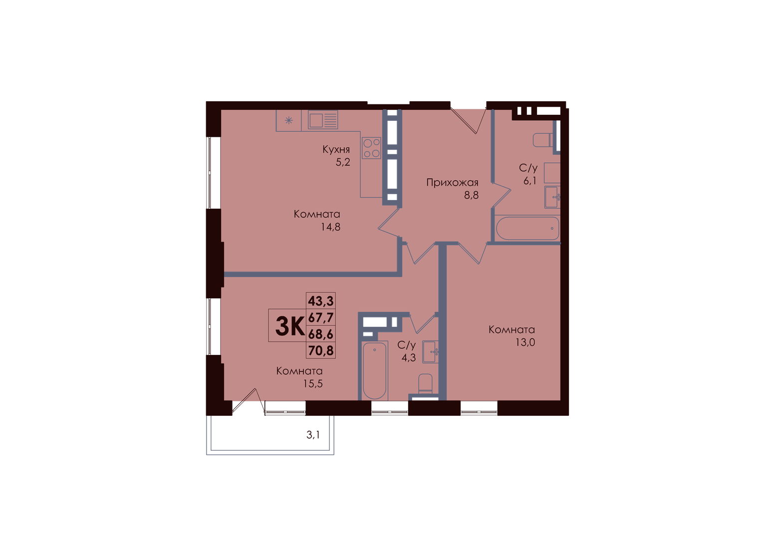 Планировка 3-комнатная 68,17 м²