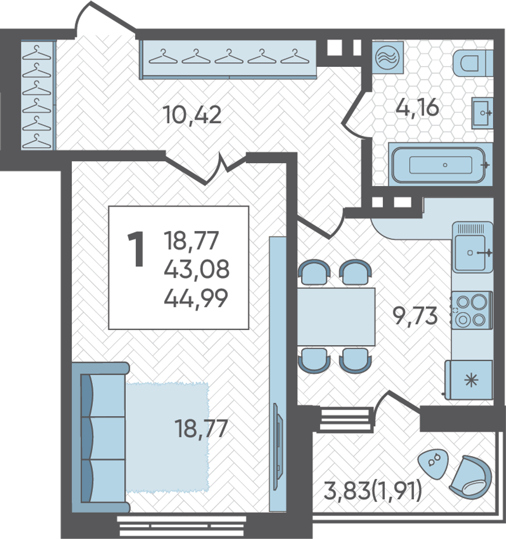 Планировка: 1-комн. квартира 45 м²