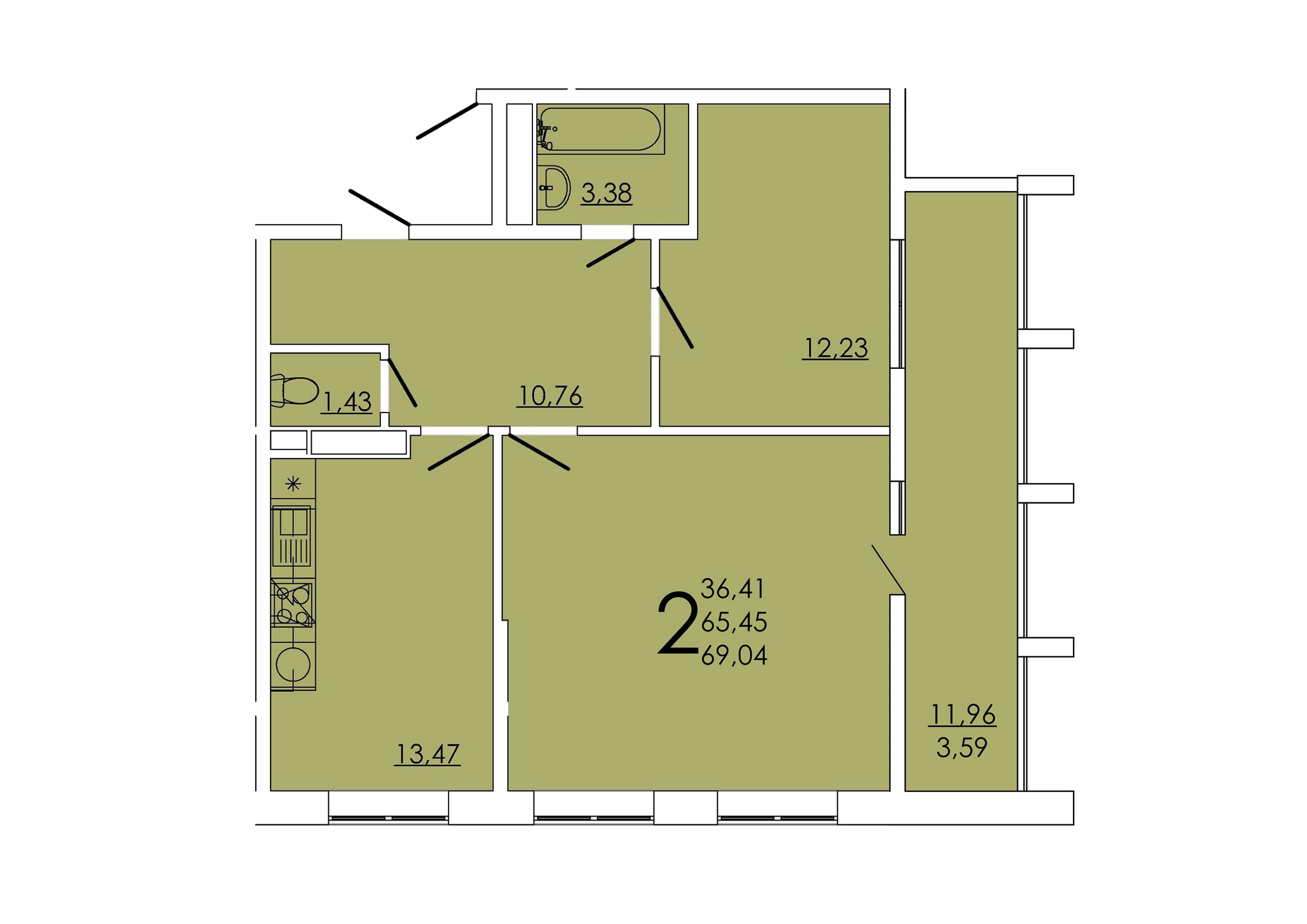 Планировка 2-комнатная 69,04 м²