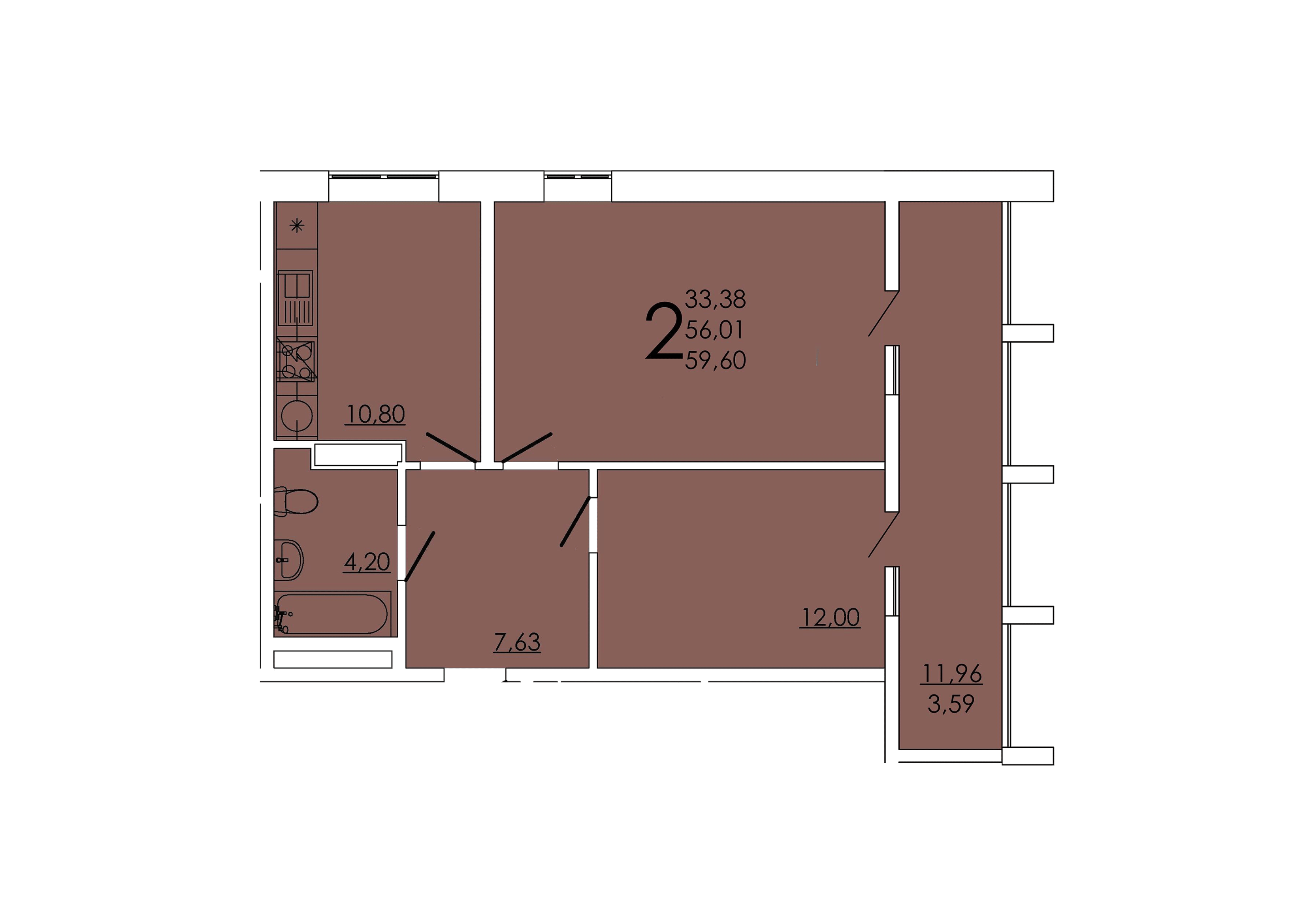 Планировка 2-комнатная 59,6 м²