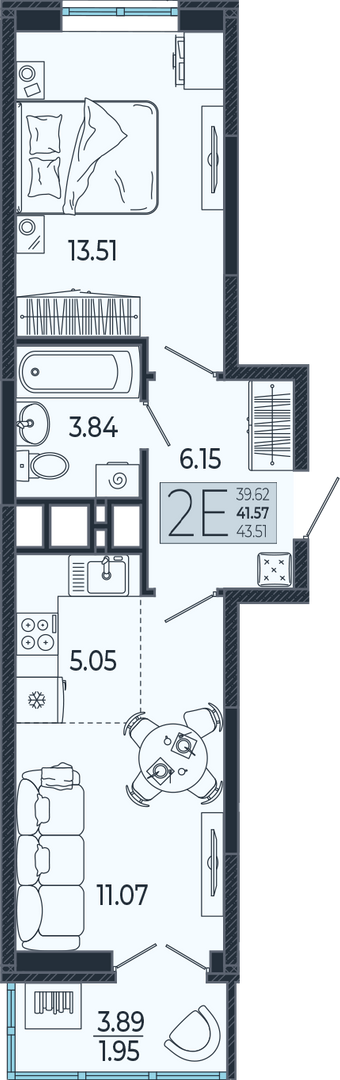Планировка 1-комнатная 41,75 м²