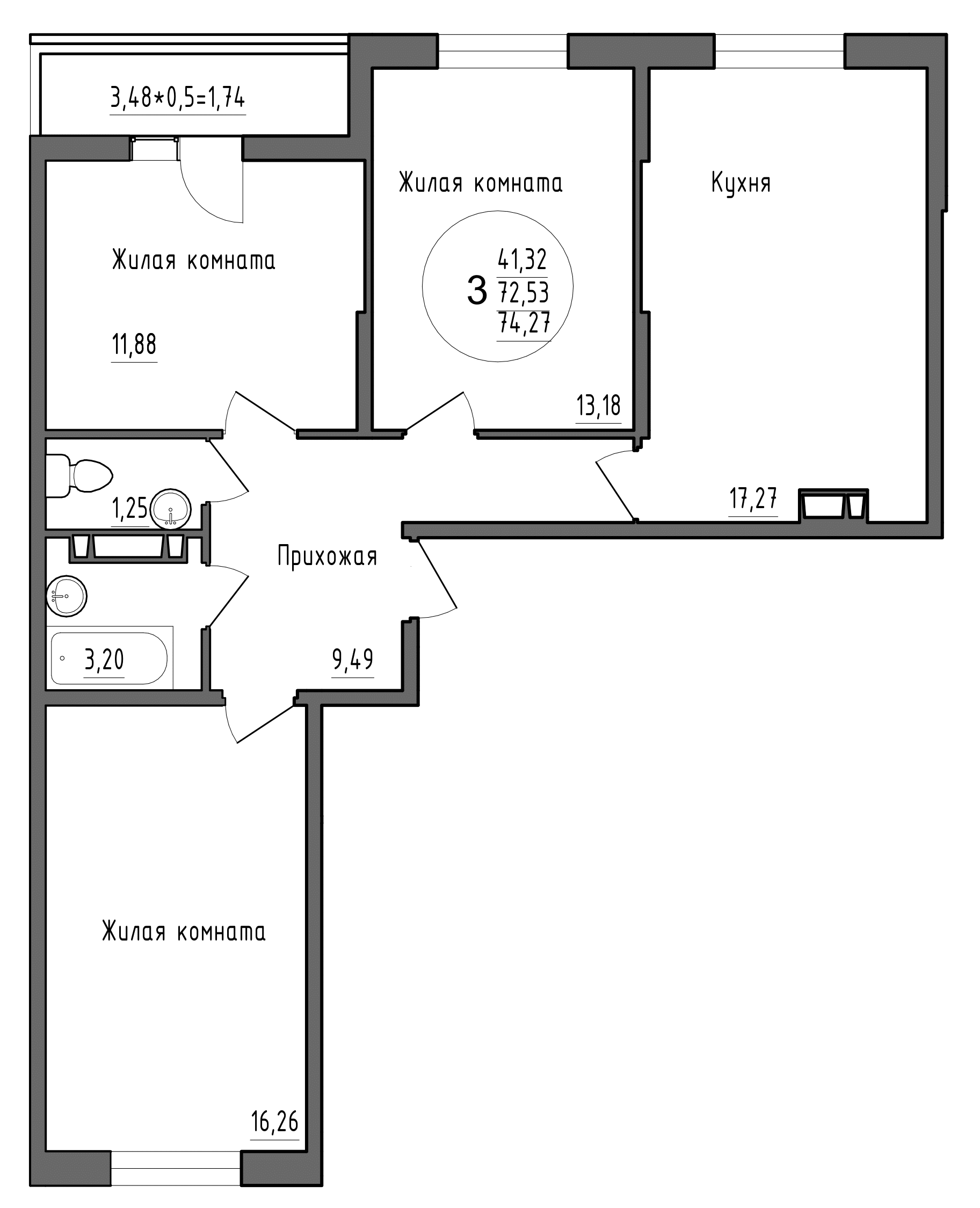 Планировка: 3-комн. квартира 74,3 м²