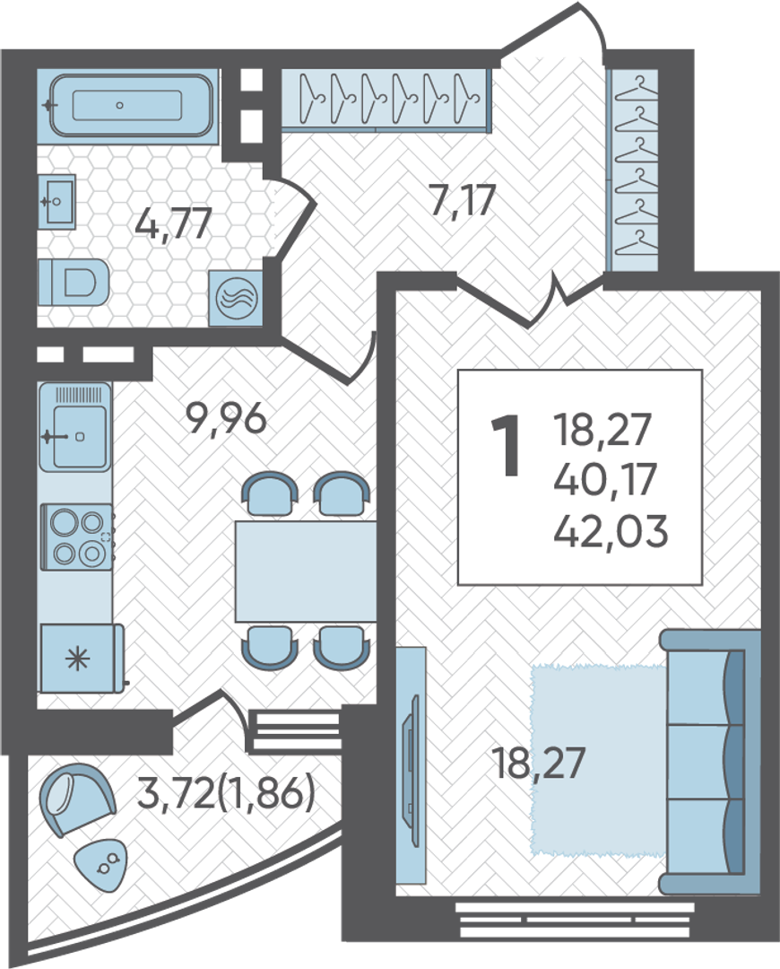 Планировка: 1-комн. квартира 42 м²