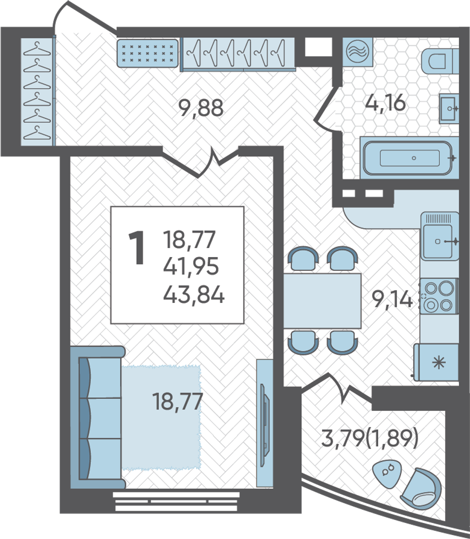 Планировка: 1-комн. квартира 43,8 м²