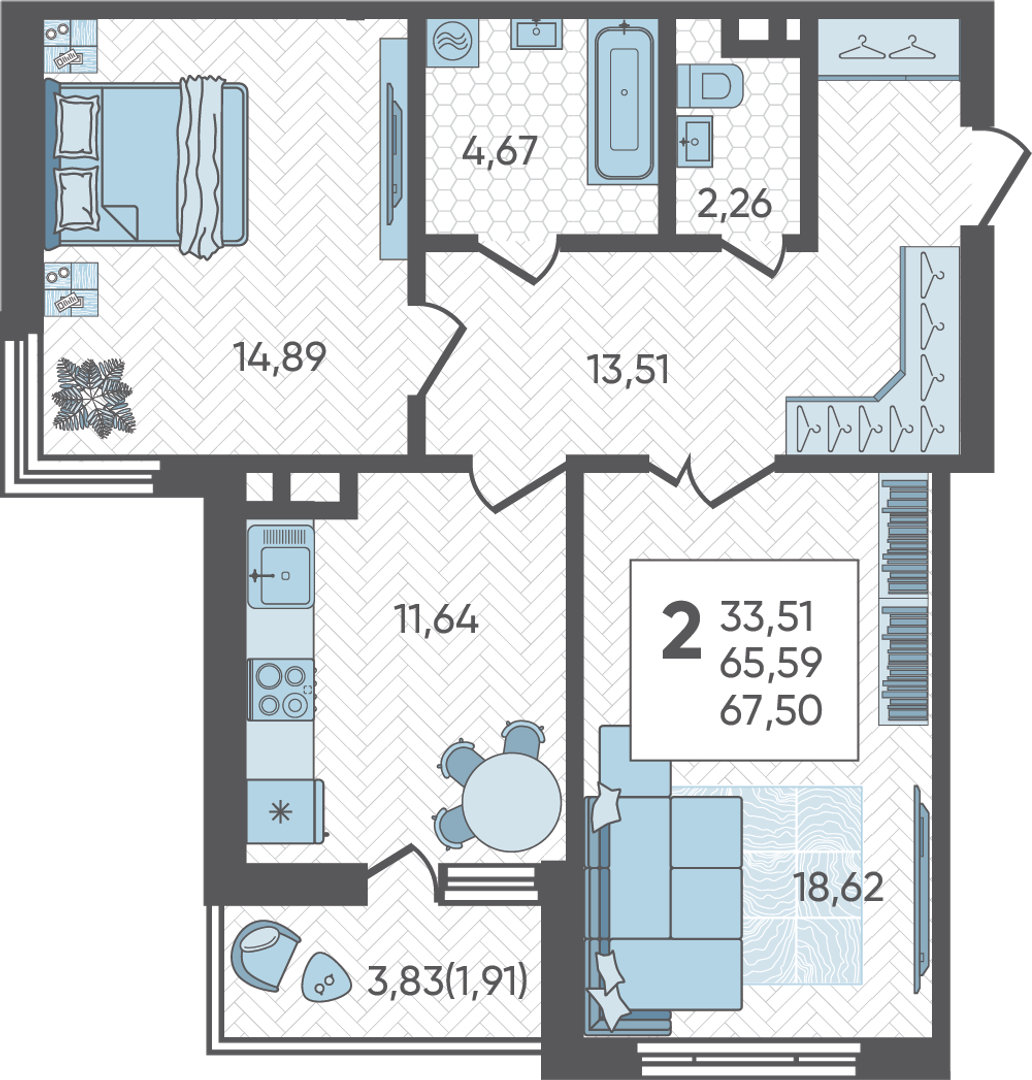 Планировка 2-комнатная 67,5 м²
