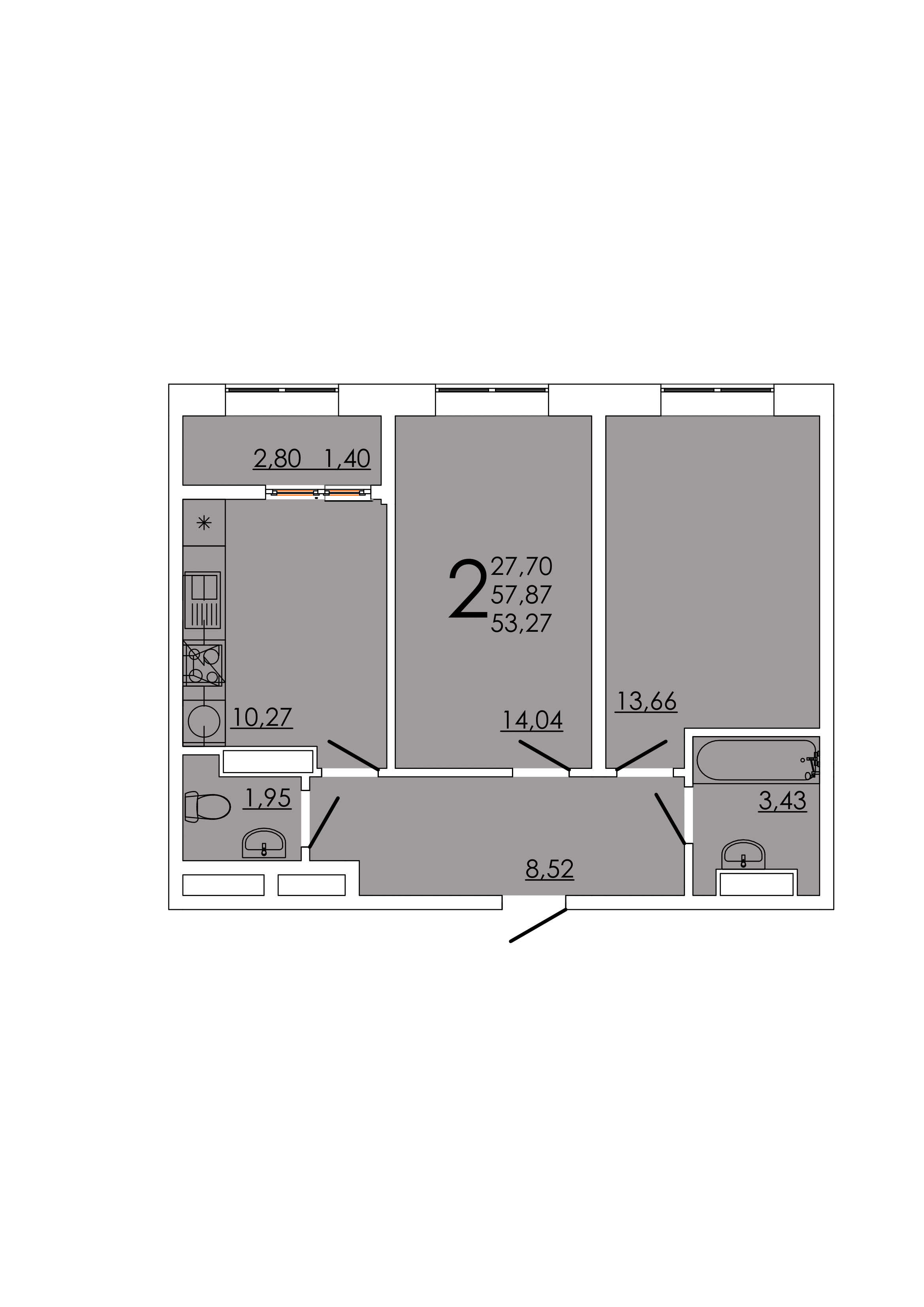 Планировка 2-комнатная 53,27 м²