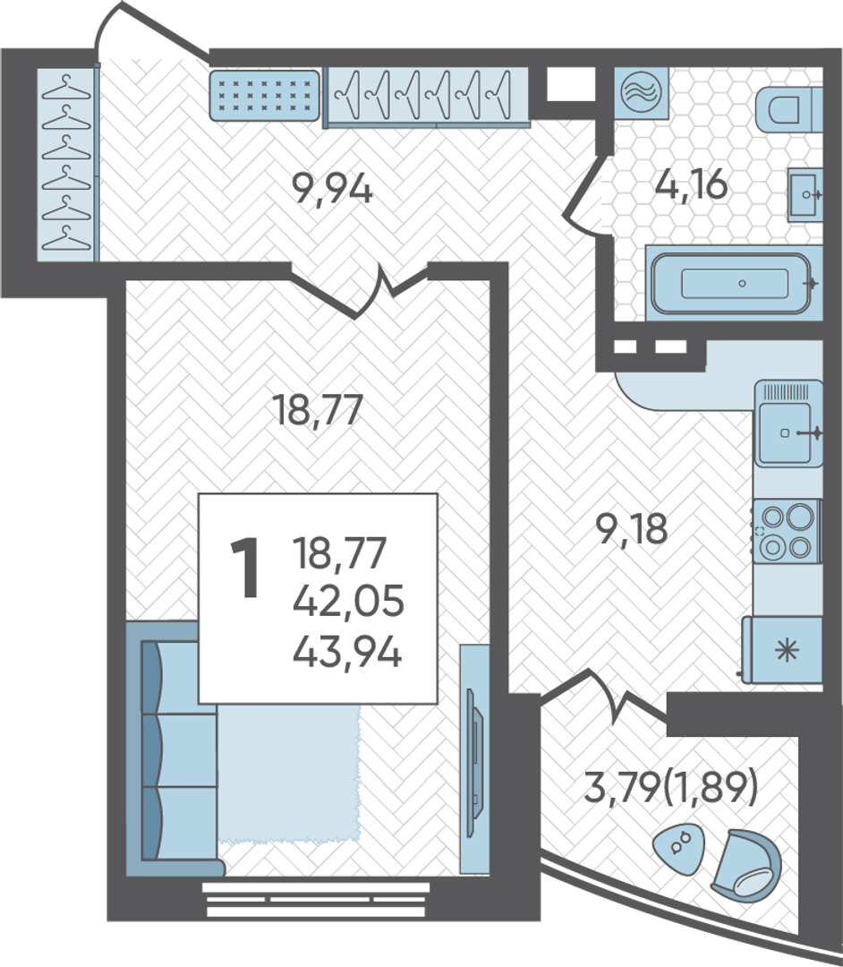 Планировка: 1-комн. квартира 43,9 м²