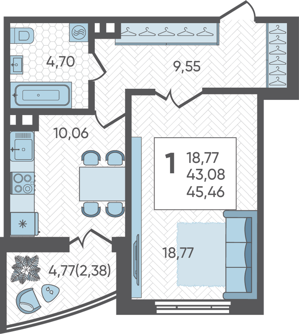 Планировка: 1-комн. квартира 45,5 м²