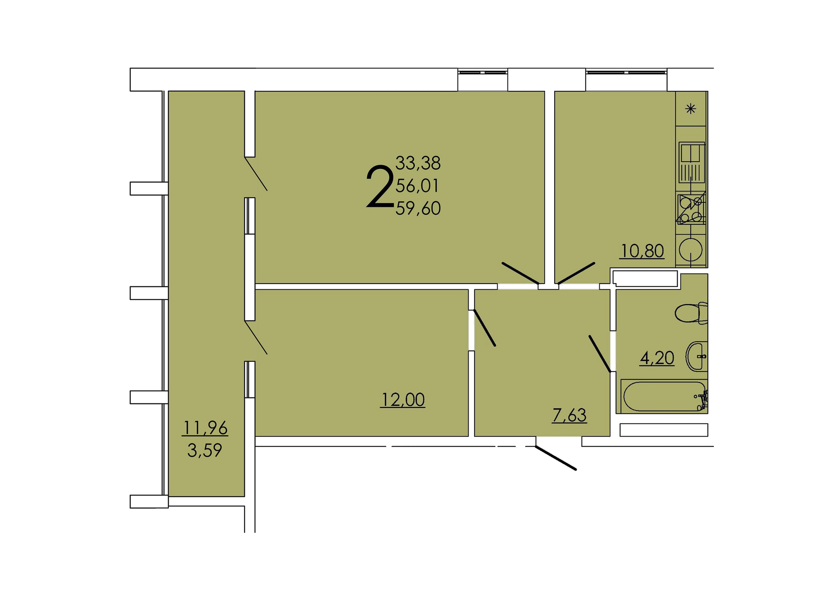 Планировка 2-комнатная 59,6 м²