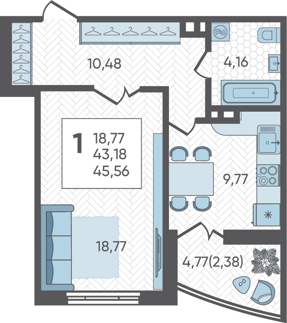 Планировка: 1-комн. квартира 45,6 м²