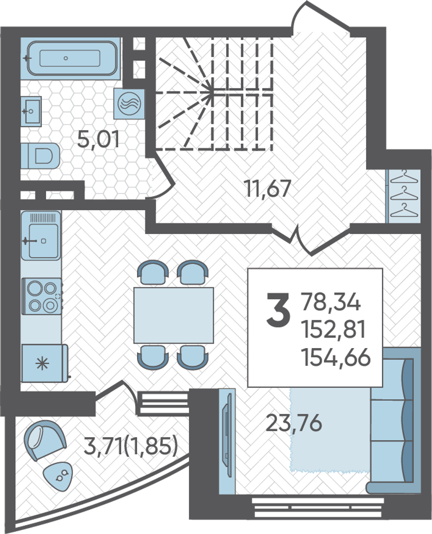 Планировка 3-комнатная 154,66 м²