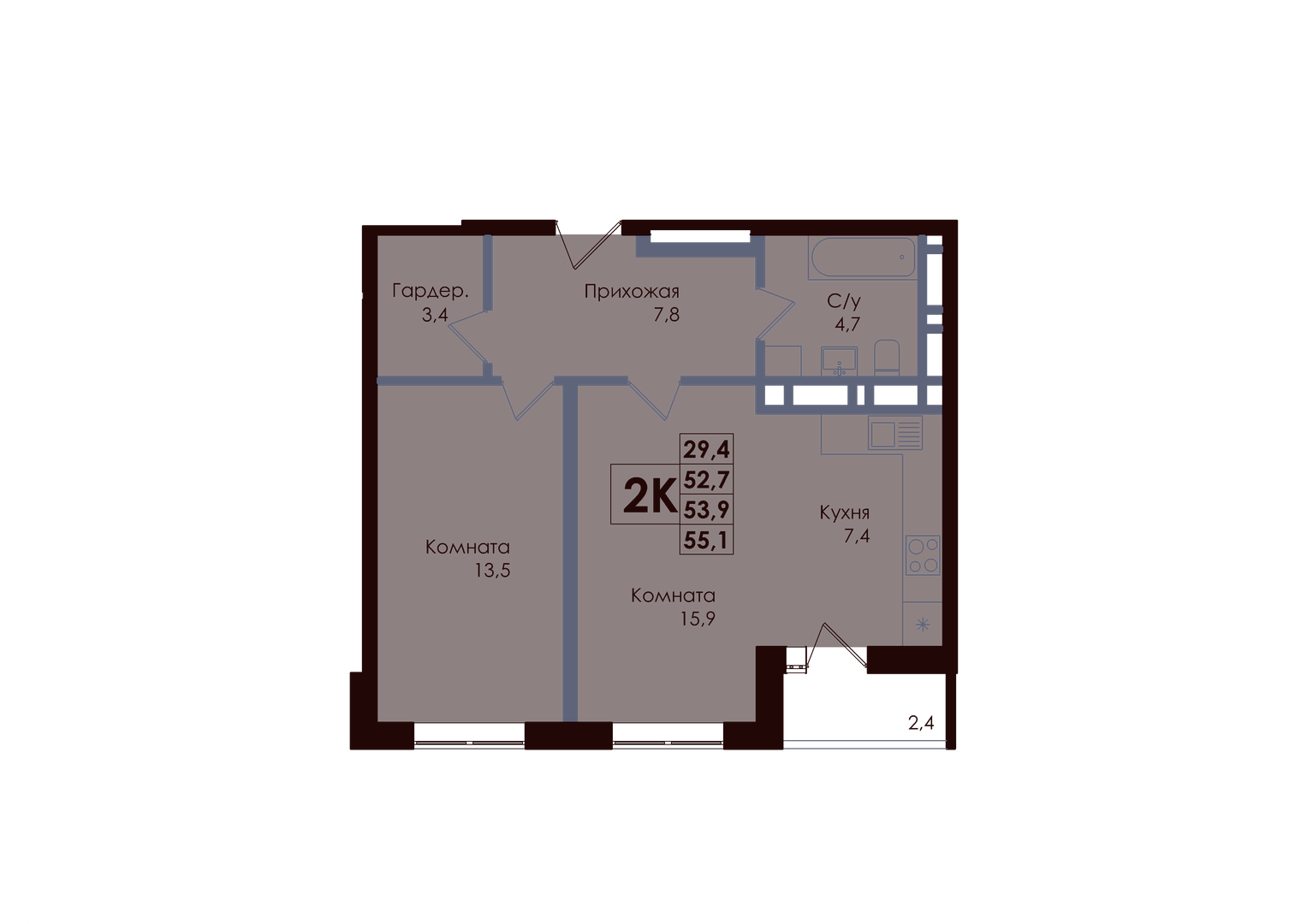 Планировка 2-комнатная 53,9 м²