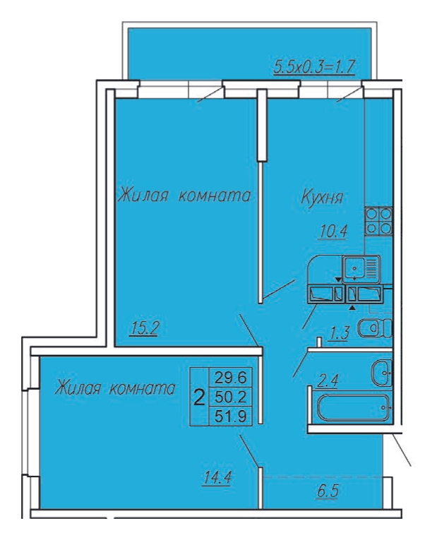 Планировка 2-комнатная 53,2 м²