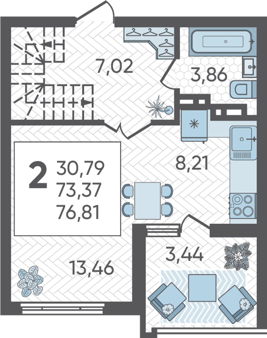 Планировка 2-комнатная 76,81 м²