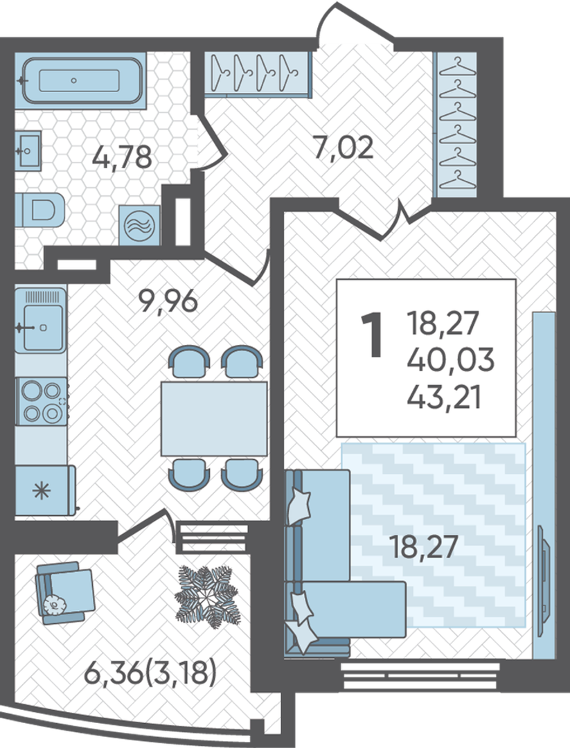 Планировка: 1-комн. квартира 43,2 м²