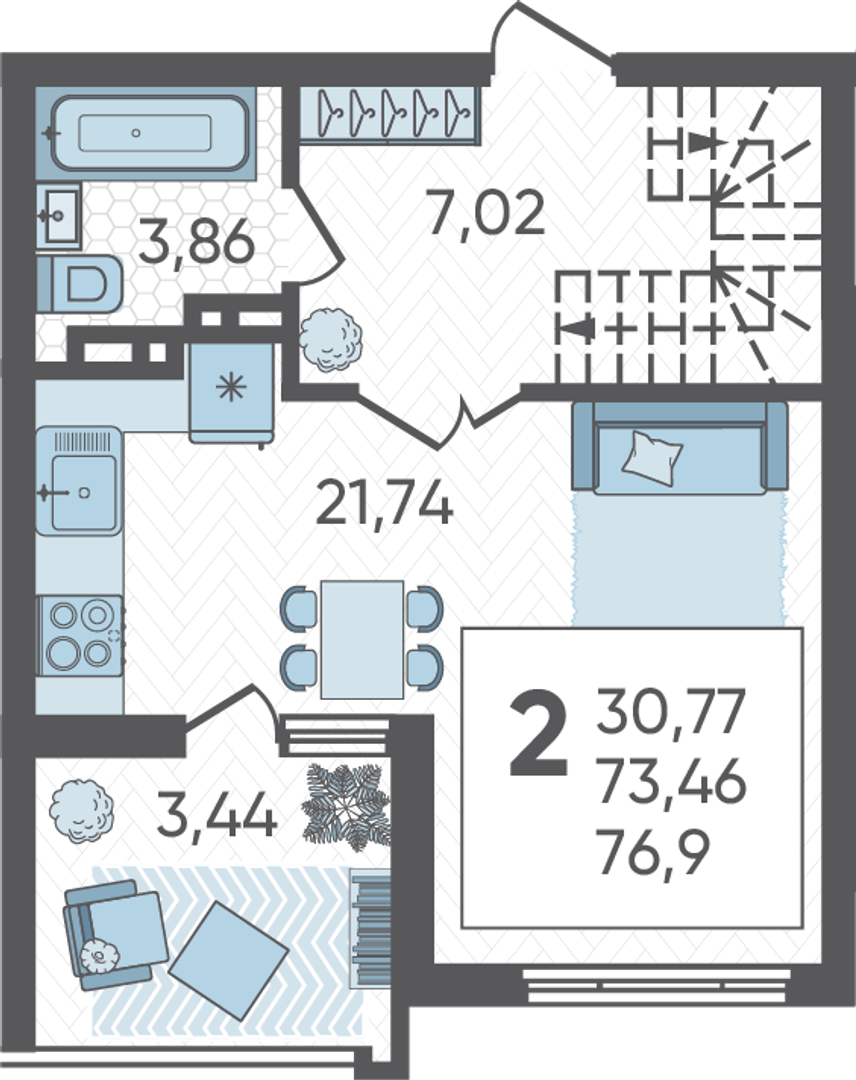 Планировка: 2-комн. квартира 76,9 м²