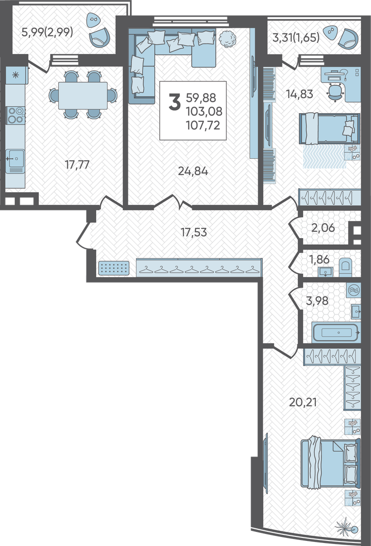 Планировка 3-комнатная 107,72 м²