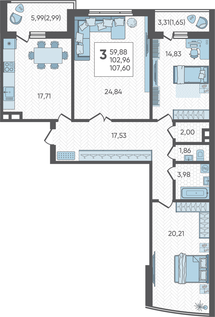Планировка: 3-комн. квартира 107,6 м²