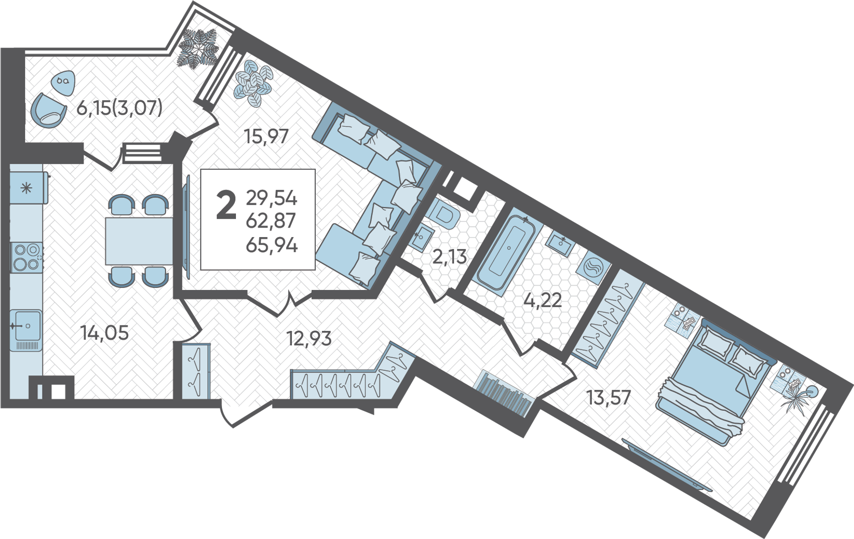 Планировка: 2-комн. квартира 65,9 м²