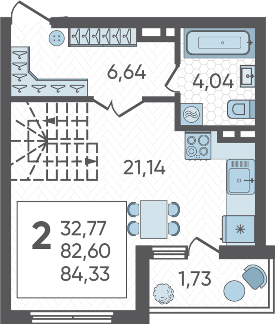 Планировка 2-комнатная 84,33 м²