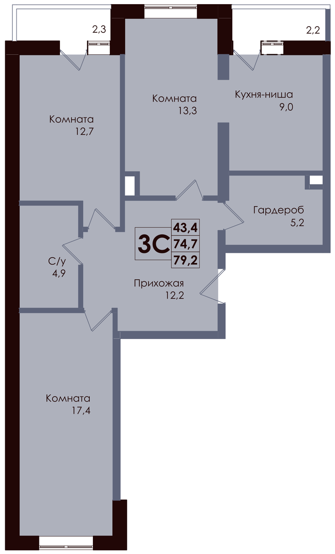 Планировка 3-комнатная 76,95 м²