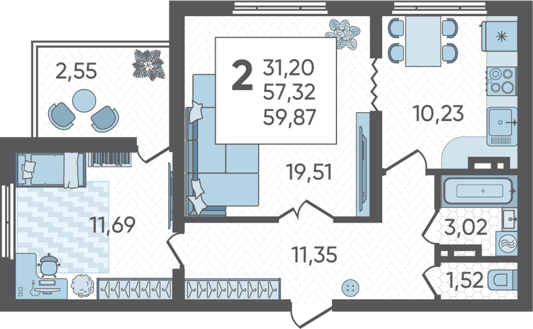 Планировка 2-комнатная 59,87 м²