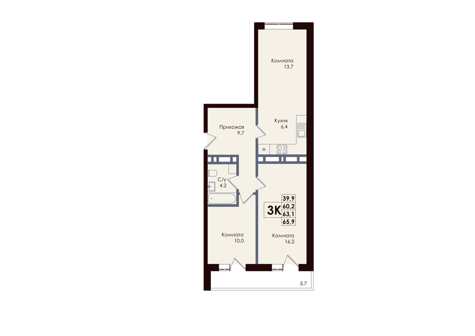 Планировка 3-комнатная 63,1 м²