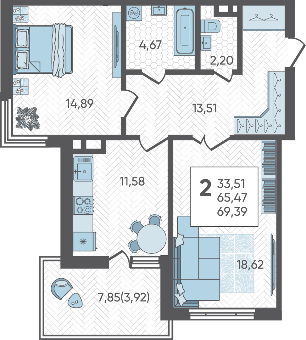Планировка 2-комнатная 69,39 м²